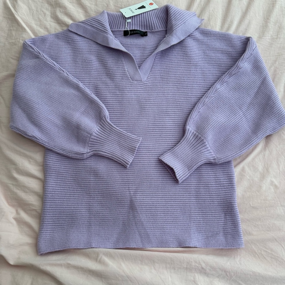 Zesica V-Neck Purple Ribbed Knit Lapel Collar Sweater - Picture 3 of 12